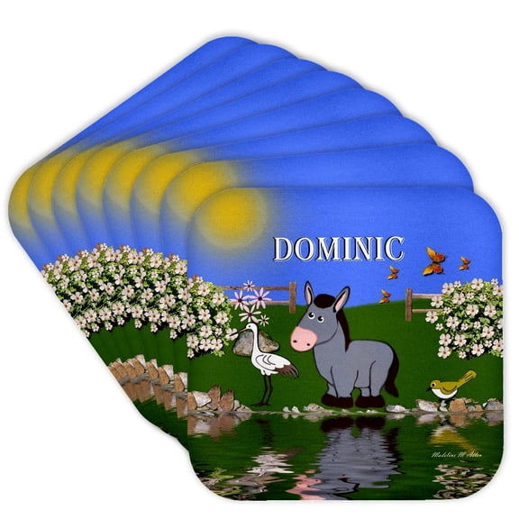 3drose, Decorative Donkey and Bird Art Design for Children - Personalized with the Name Dominic, Set of 8 Coasters - Soft