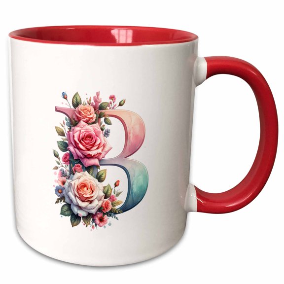 3drose, Decorative Letter B. Floral Monogram, Decorated with Rose Flowers, 11oz Two-tone Red Mug