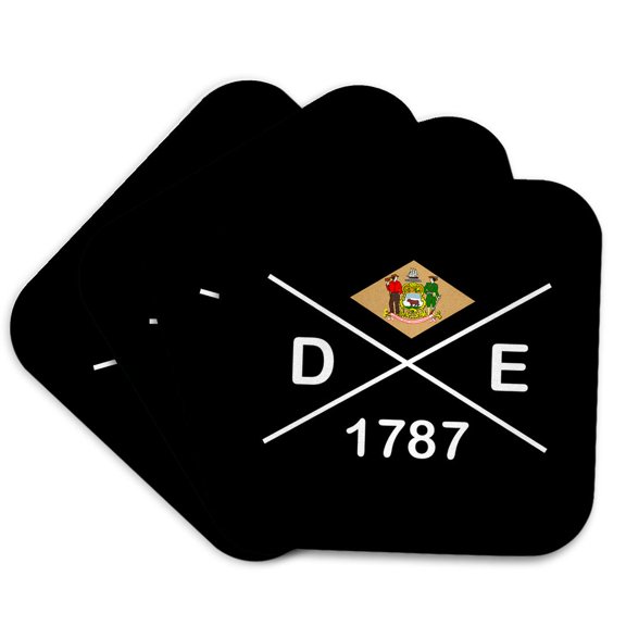 3drose, Delaware State Abbreviation, Statehood, Flag Art on Black Background., Set of 4 Coasters - Soft