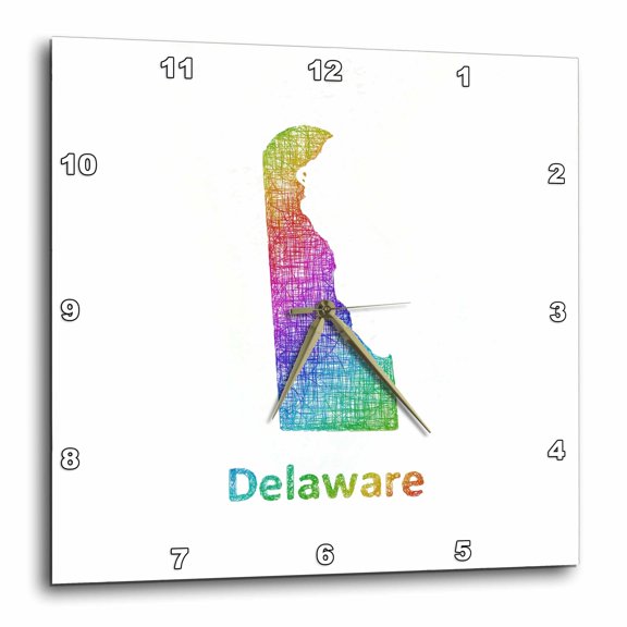 3drose, Delaware State Map - Rainbow Sketch Design, 13x13 Wall Clock