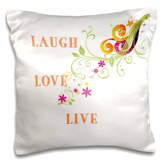 3drose, Delicate Floral Scroll on White with Laugh Love Live Written on It, 16x16 inch Pillow Case