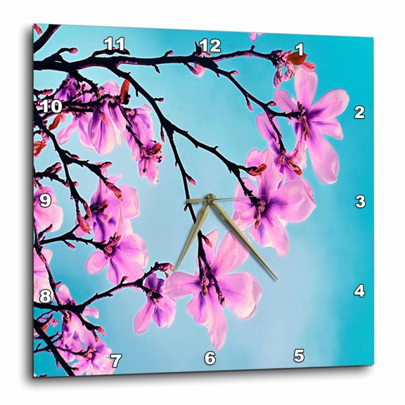 3drose, Delicate Pink Blossoms Against Blue Skies, 15x15 Wall Clock