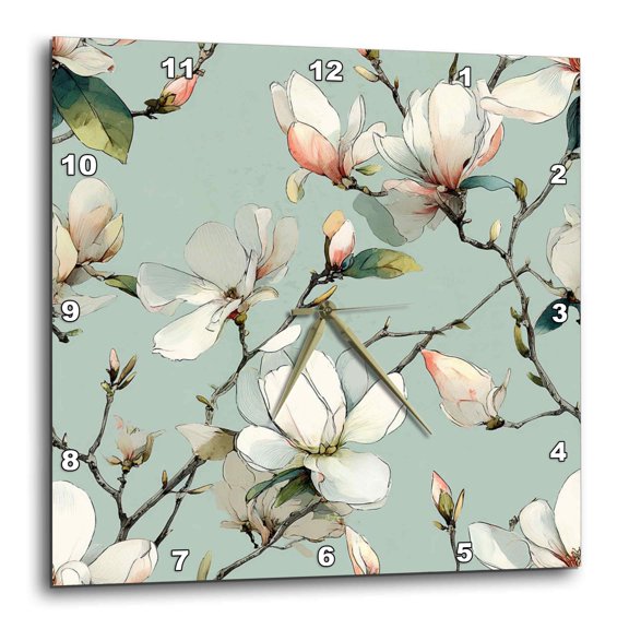 3drose, Delicated Painterly Magnolia Flower Pattern, 15x15 Wall Clock