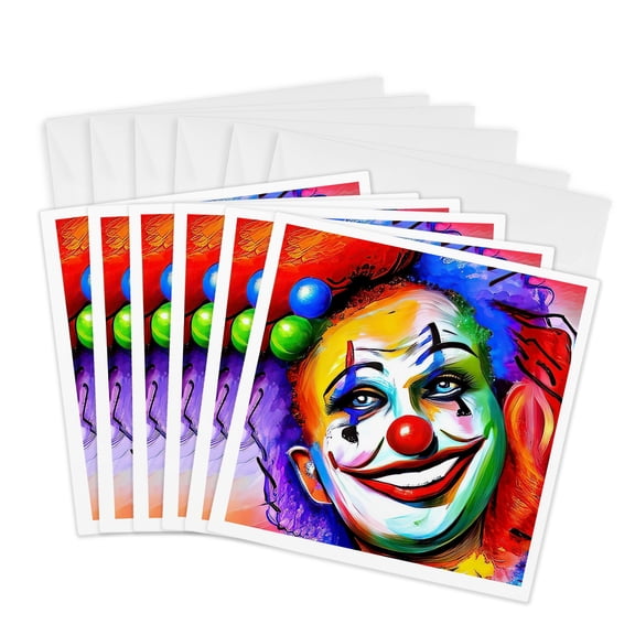3drose, Delightful Fantastic Clown Face. Unique and Funny Digital Art Gift, 6 Greeting Cards with Envelopes