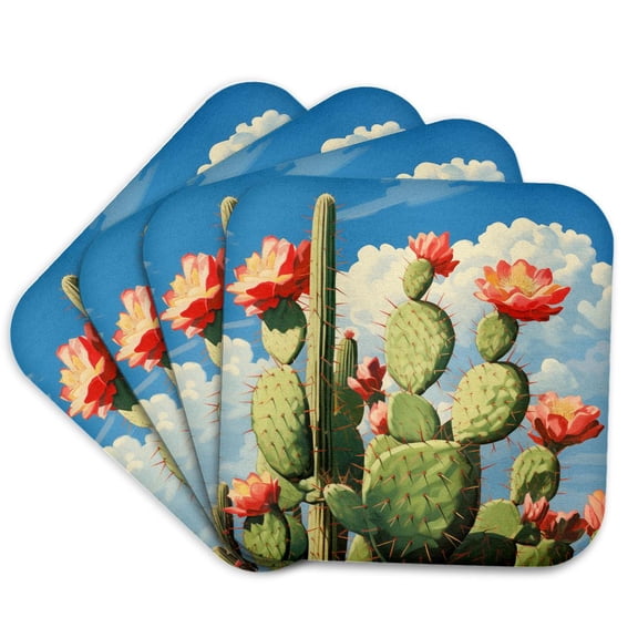 3drose, Desert Cactus with Flowers. Ai Generated., Set of 4 Coasters - Soft