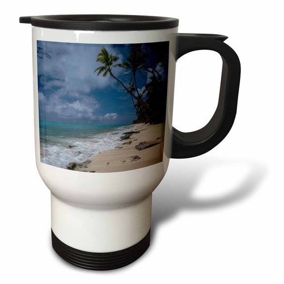 3drose, Deserted Sandy Beach on an Island with Palm Trees, Kingdom of Tonga., 14oz Stainless Steel Travel Mug