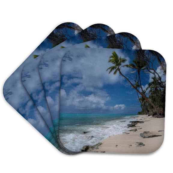 3drose, Deserted Sandy Beach on an Island with Palm Trees, Kingdom of Tonga., Set of 4 Coasters - Soft