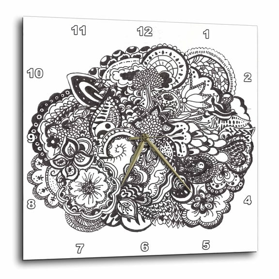 3drose, Detailed Intricate Black and White Ink Art - Nature Scene - Flowers Leaves Tree Patterns - Tattoo, 15x15 Wall Clock