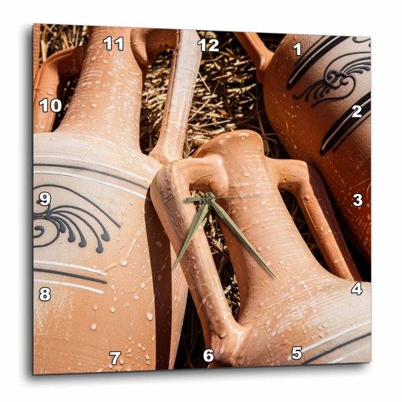 3drose, Details of Decorative Models of Ancient Greek Amphoras on Hay, 10x10 Wall Clock