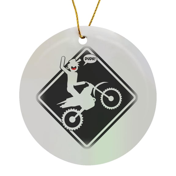 3drose, Diamond Placard Sign with a Stickman Riding Wheelies on a Dirt Bike, Circle Porcelain Ornament