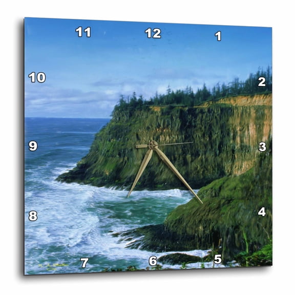 3drose, Digital Oil Painting Oregon Coast High Cliffs Pounding Waves Ocean, 15x15 Wall Clock