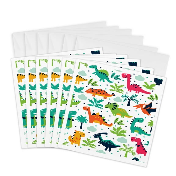 3drose, Dinosaur Group with Grass and Trees, 6 Greeting Cards with Envelopes