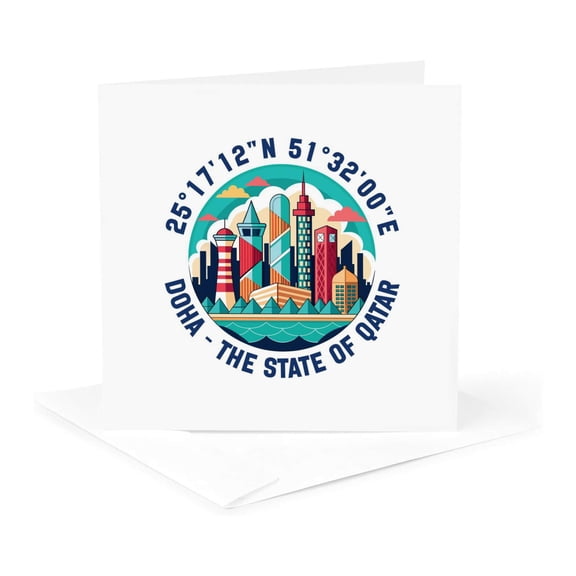 3drose, Doha, the State of Qatar, Cityscape, Coordinates. Artsy Travel Gift, 1 Greeting Card with Envelope