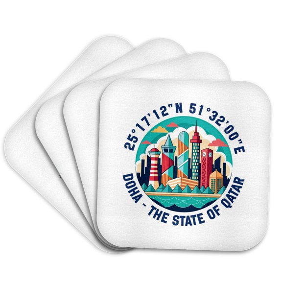 3drose, Doha, the State of Qatar, Cityscape, Coordinates. Artsy Travel Gift, Set of 4 Coasters - Soft