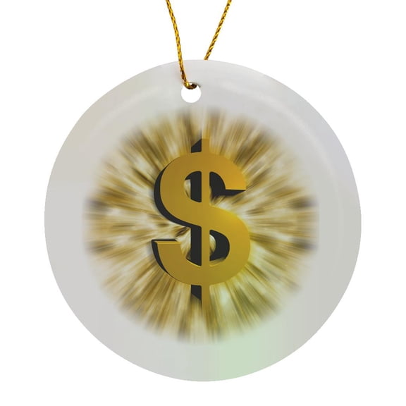 3drose, Dollar Sign Features a Large Golden Dollar Sign with Bursting Graphic Design Effects, Circle Porcelain Ornament