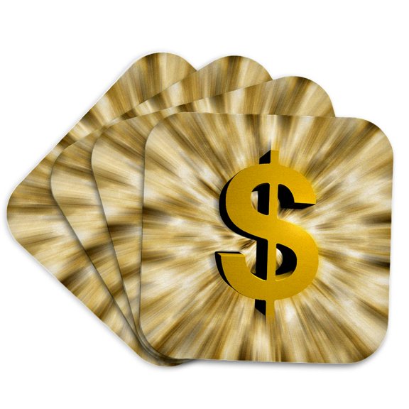3drose, Dollar Sign Features a Large Golden Dollar Sign with Bursting Graphic Design Effects, Set of 4 Coasters - Soft