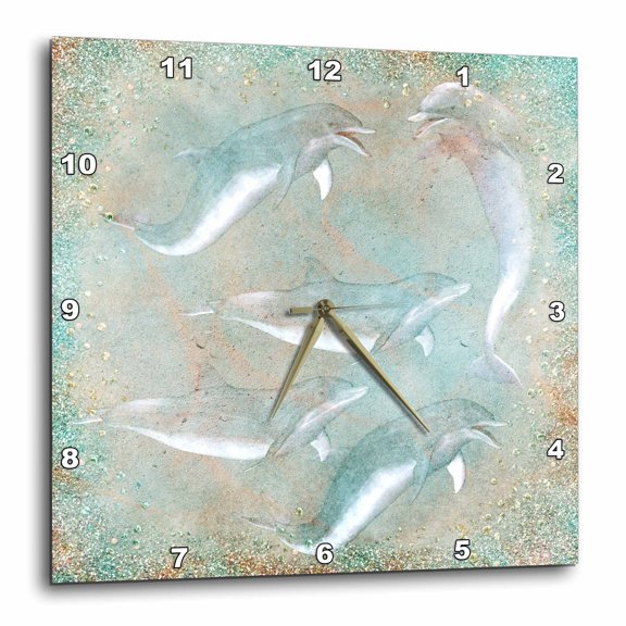3drose, Dolphin Swim with Glittery Sea - Beach Theme Art, 13x13 Wall Clock