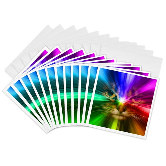 3drose, Domestic Cat Surrounded with a Rainbow of Colors, 12 Greeting Cards with Envelopes