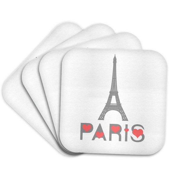 3drose, Drawing of Eiffel Tower, Grey Text Paris with Red Hearts on White, Set of 4 Coasters - Soft