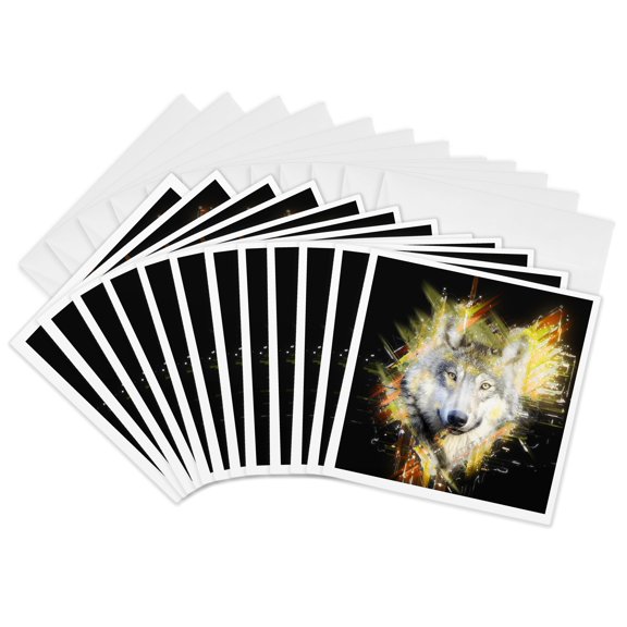 3drose, Drawing of a Wolfs Head Coming Out of a Black Background Sparkling, 12 Greeting Cards with Envelopes