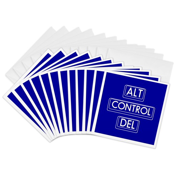 3drose, Drawings of Computer Keyboard Keys Alt, Control, Del, White on Blue, 12 Greeting Cards with Envelopes