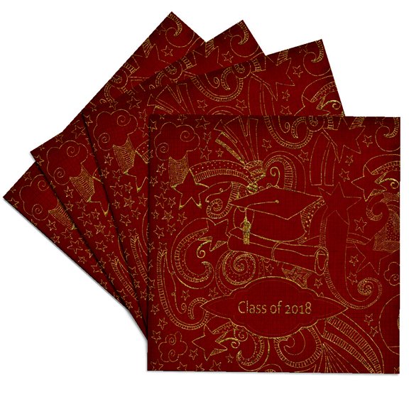 3drose, Drawn Cap Diploma, Stars Curly Designs, Class of 2018 Non Metallic Gold Red, Set of 4 Ceramic Tile Coasters