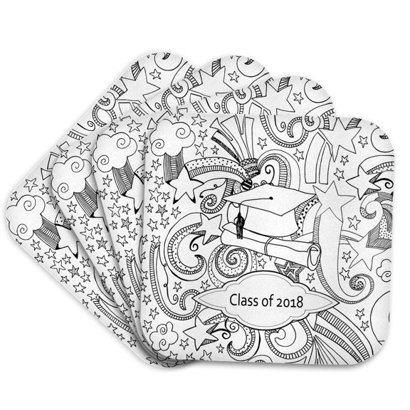 3drose, Drawn Cap and Diploma, Stars Curly Designs, Class of 2018 Black, White, Set of 4 Coasters - Soft