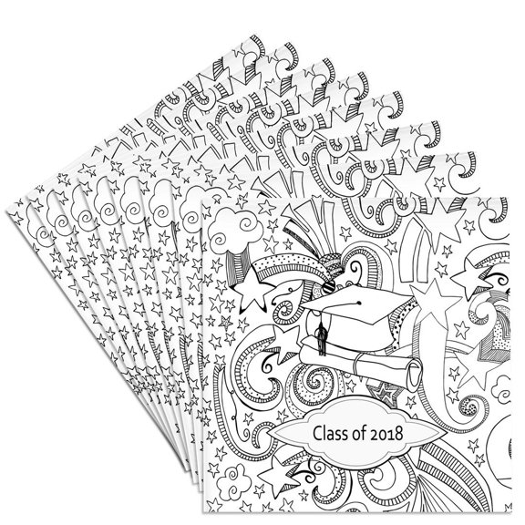 3drose, Drawn Cap and Diploma, Stars Curly Designs, Class of 2018 Black, White, Set of 8 Ceramic Tile Coasters