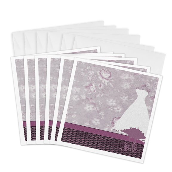 3drose, Dress on Form in Room, Plum Roses on Wallpaper, 6 Greeting Cards with Envelopes