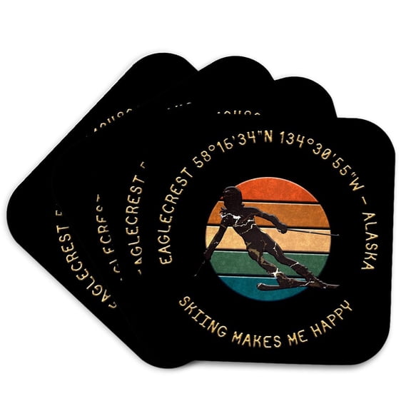 3drose, Eaglecrest, Alaska. Woman Skier. Yellow, Black. Downhill Skiing Gift, Set of 4 Coasters - Cork