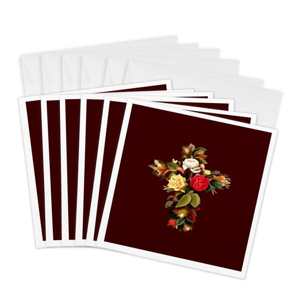 3drose, Easter Christian Cross of Roses, 6 Greeting Cards with Envelopes
