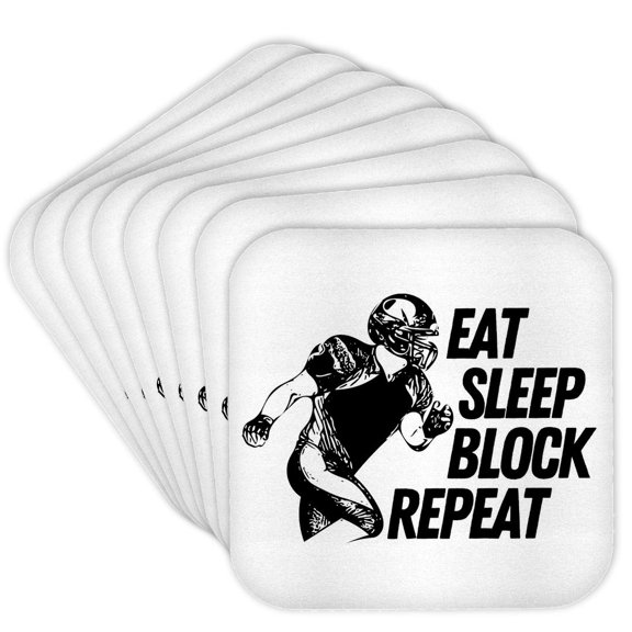3drose, Eat Sleep Block and Repeat American Football Gift for Players and Fans, Set of 8 Coasters - Cork