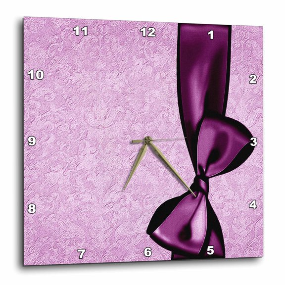 3drose, Eggplant Purple Faux Satin Bow on Lilac Purple Grunge Damask Background, 13x13 Wall Clock