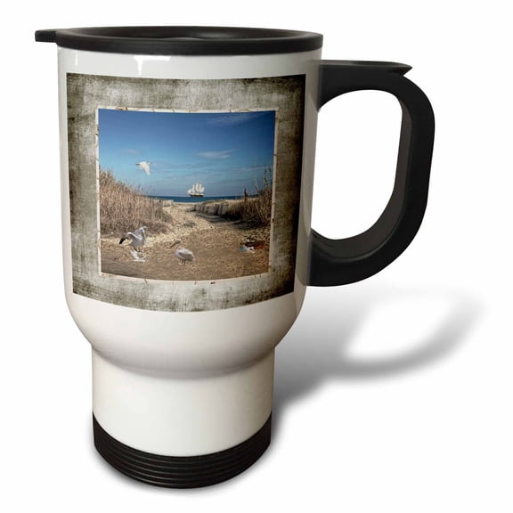3drose, Egret Flying, Ship Sailing, Pelican Talking, Sandpiper on Log, Shells, 14oz Stainless Steel Travel Mug