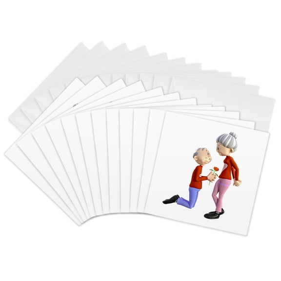 3drose, Elderly Cartoon Couple with Male Kneeling with Flower for Female, 12 Greeting Cards with Envelopes