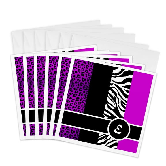 3drose, Elegant Animal Print Monogram - Purple E, 6 Greeting Cards with Envelopes
