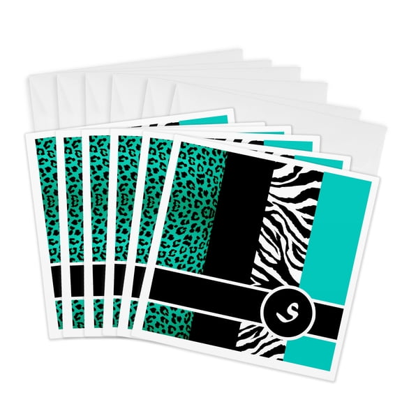 3drose, Elegant Animal Print Monogram - Teal S, 6 Greeting Cards with Envelopes