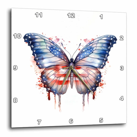 3drose, Elegant Butterfly, the Usa Flag, Dripping Paint. Memorial Day Art, 10x10 Wall Clock
