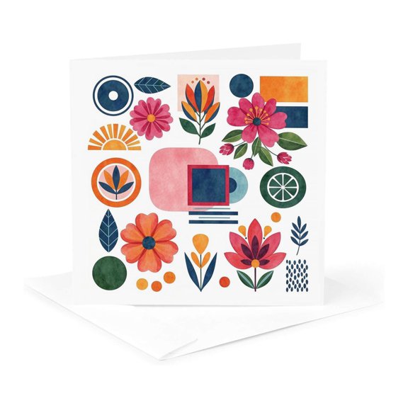 3drose, Elegant Colorful Modern Pattern of Flowers and Geometric Shapes Art, 1 Greeting Card with Envelope