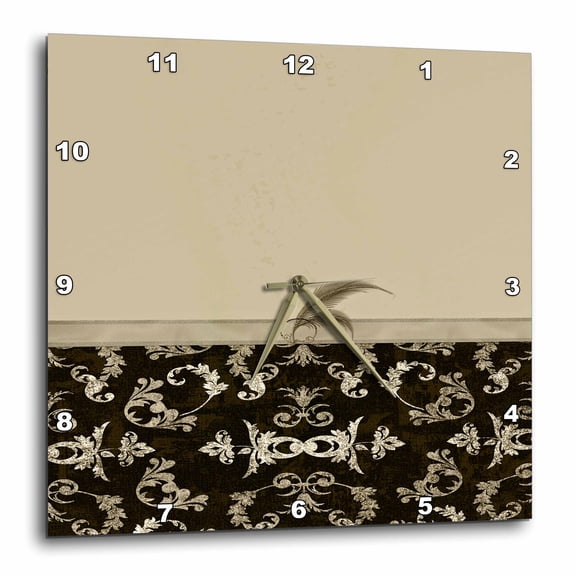 3drose, Elegant Damask Design with Gold Feather, Sepia and Brown, 10x10 Wall Clock