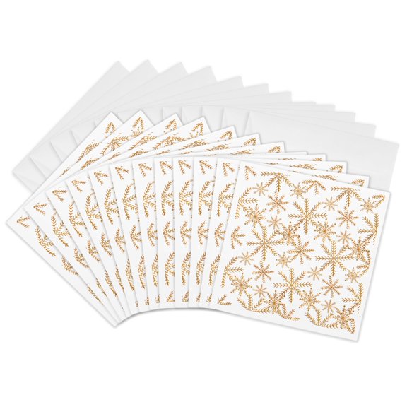 3drose, Elegant Gold Fancy Snowflakes Pattern, 12 Greeting Cards with Envelopes