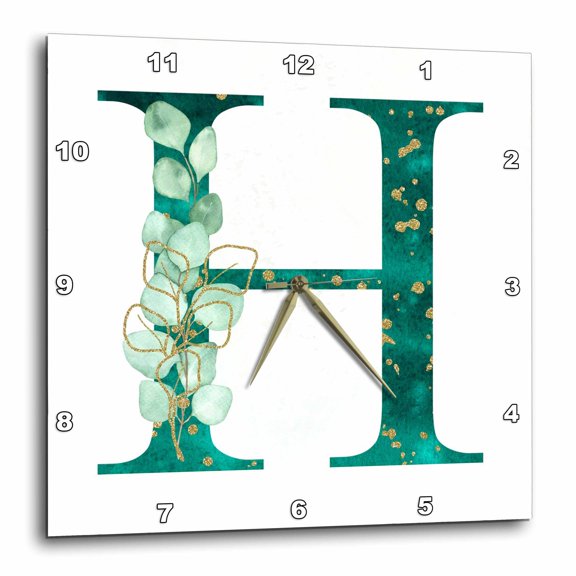 3drose, Elegant Green Monogram Initial H with Eucalyptus Leaves, 10x10 Wall Clock