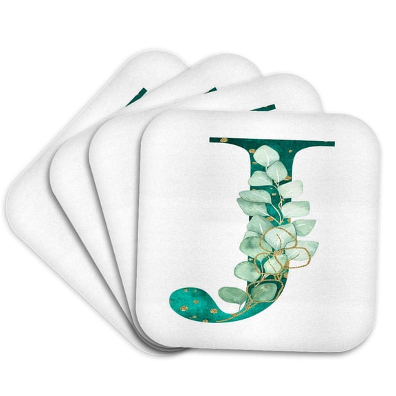 3drose, Elegant Green Monogram Initial J with Eucalyptus Leaves, Set of 4 Coasters - Cork