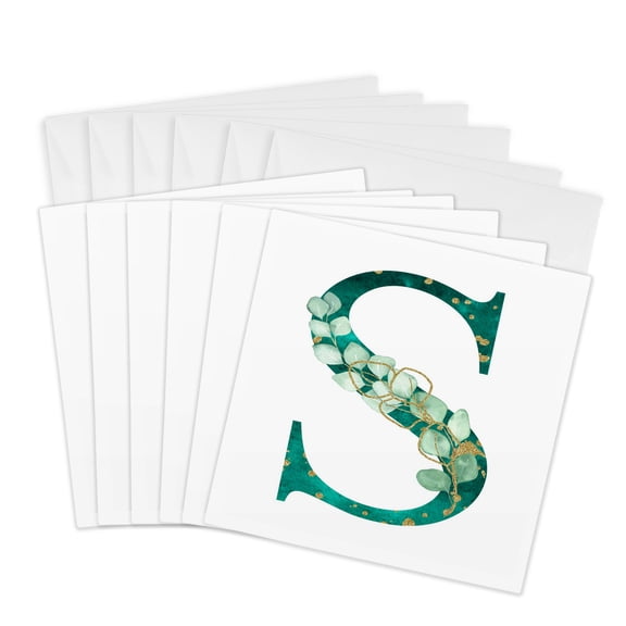 3drose, Elegant Green Monogram Initial S with Eucalyptus Leaves, 6 Greeting Cards with Envelopes