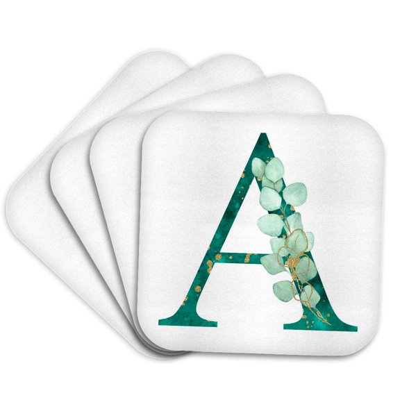 3drose, Elegant Green Monogram Initial a with Eucalyptus Leaves, Set of 4 Coasters - Cork