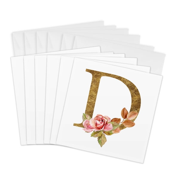3drose, Elegant Image and Gold Boho Flower Monogram Initial D, 6 Greeting Cards with Envelopes