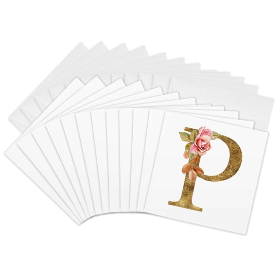 3drose, Elegant Image and Gold Boho Flower Monogram Initial P, 12 Greeting Cards with Envelopes