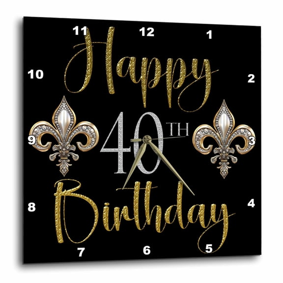3drose, Elegant Image of Gold Fleur De Lis Happy 40th Birthday, 10x10 Wall Clock