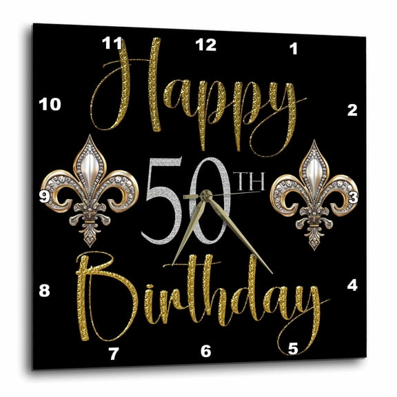3drose, Elegant Image of Gold Fleur De Lis Happy 50th Birthday, 15x15 Wall Clock
