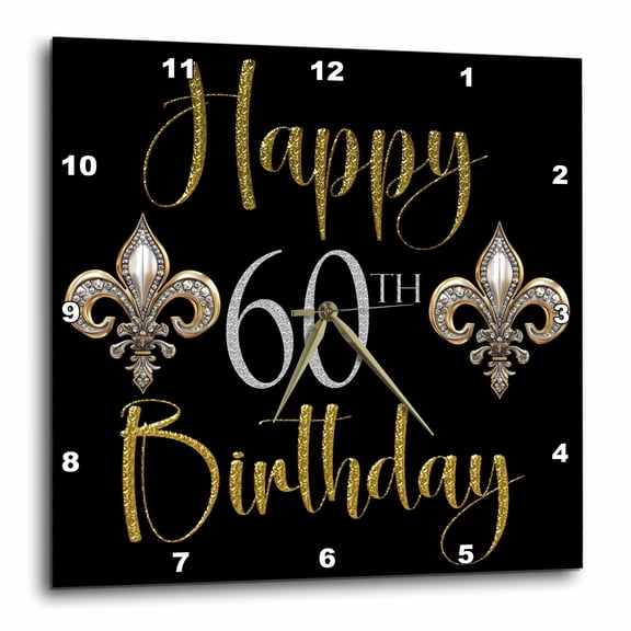 3drose, Elegant Image of Gold Fleur De Lis Happy 60th Birthday, 13x13 Wall Clock